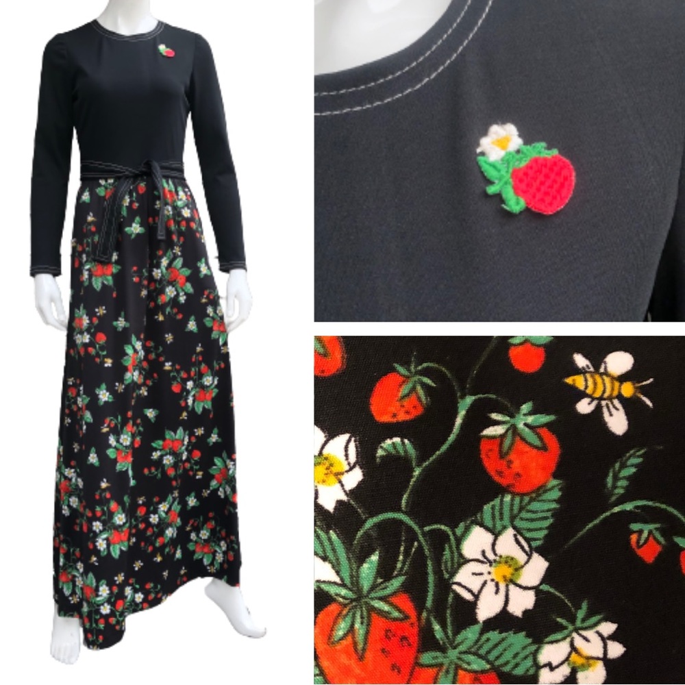 Vintage 70s Strawberry Bumblebee Tie Waist Long Sleeve Hostess Maxi Dress S